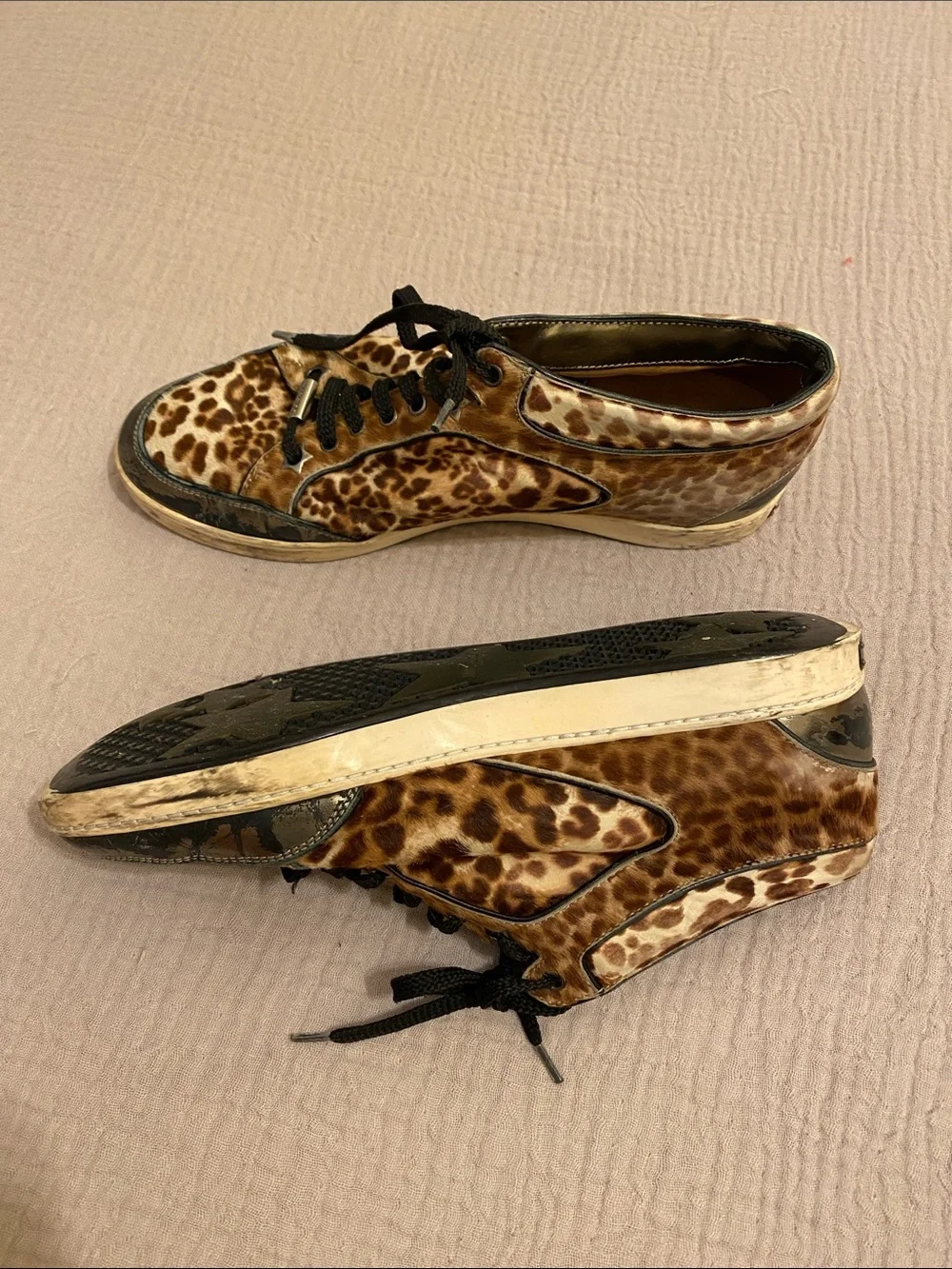 ImmJIMMY CHOO Leopard Print Leather Lace-Up Sneakers - Designer Style. Size 37.5